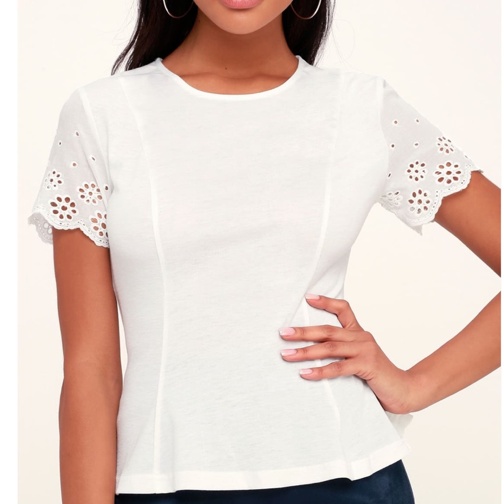WHITE EYELET SLEEVE PEPLUM TOP!